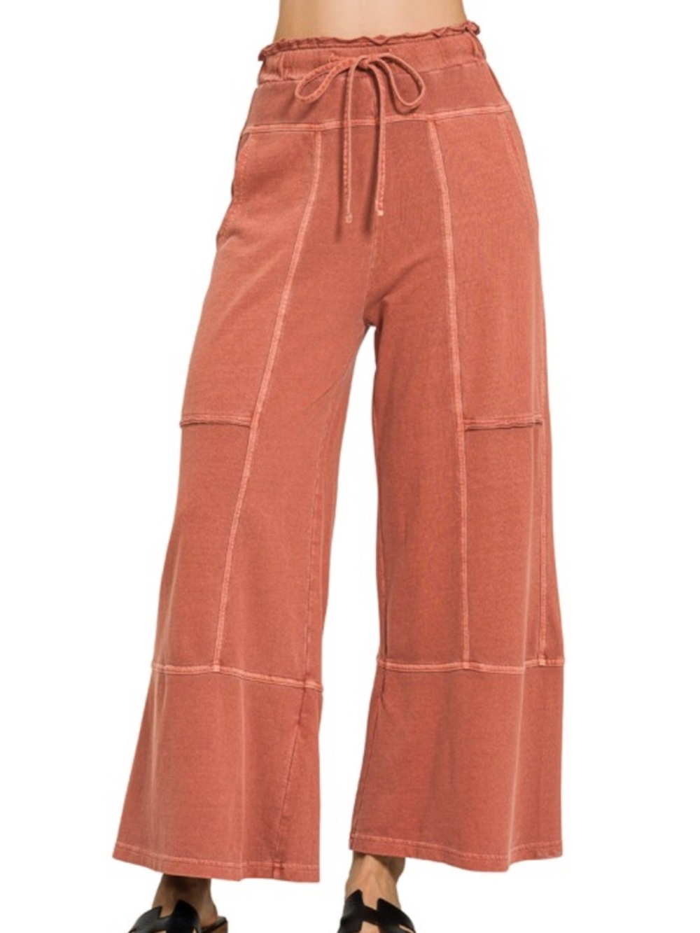 FRENCH TERRY WASHED EXPOSED-SEAM WIDE LEG PANTS